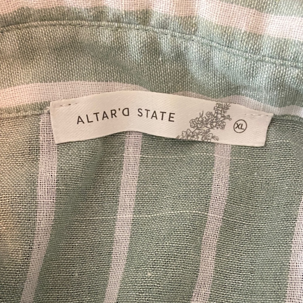 Altar'd State Button Up Down Green White Striped Crop Top Tie XL XLarge collared - Picture 9 of 10